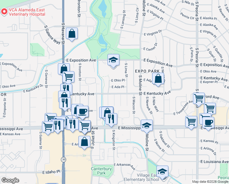 map of restaurants, bars, coffee shops, grocery stores, and more near 11055 East Kentucky Avenue in Aurora