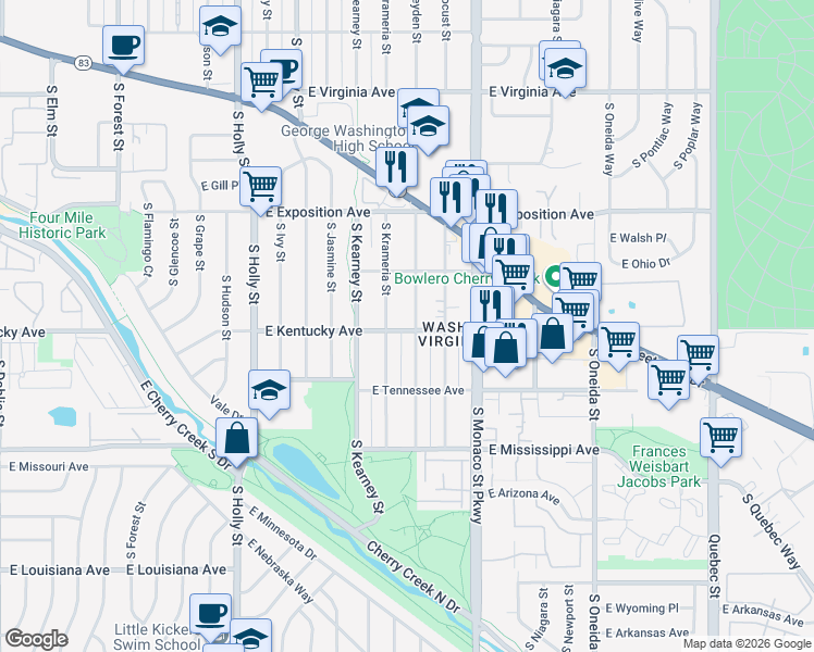 map of restaurants, bars, coffee shops, grocery stores, and more near 894 South Krameria Street in Denver