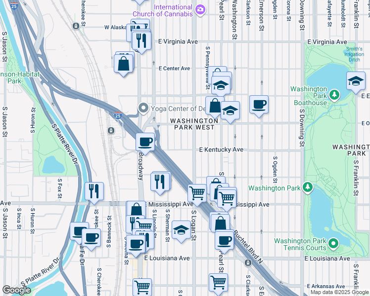 map of restaurants, bars, coffee shops, grocery stores, and more near 301 East Kentucky Avenue in Denver
