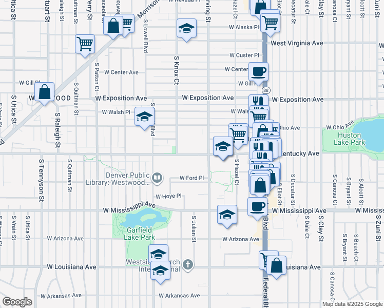 map of restaurants, bars, coffee shops, grocery stores, and more near 3389 West Kentucky Avenue in Denver