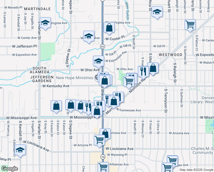 map of restaurants, bars, coffee shops, grocery stores, and more near in Denver