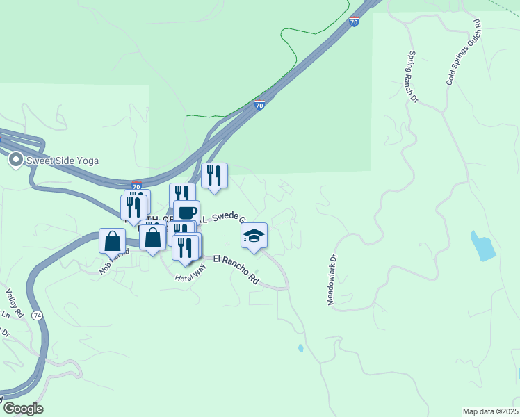 map of restaurants, bars, coffee shops, grocery stores, and more near 1002 Swede Gulch Road in Evergreen