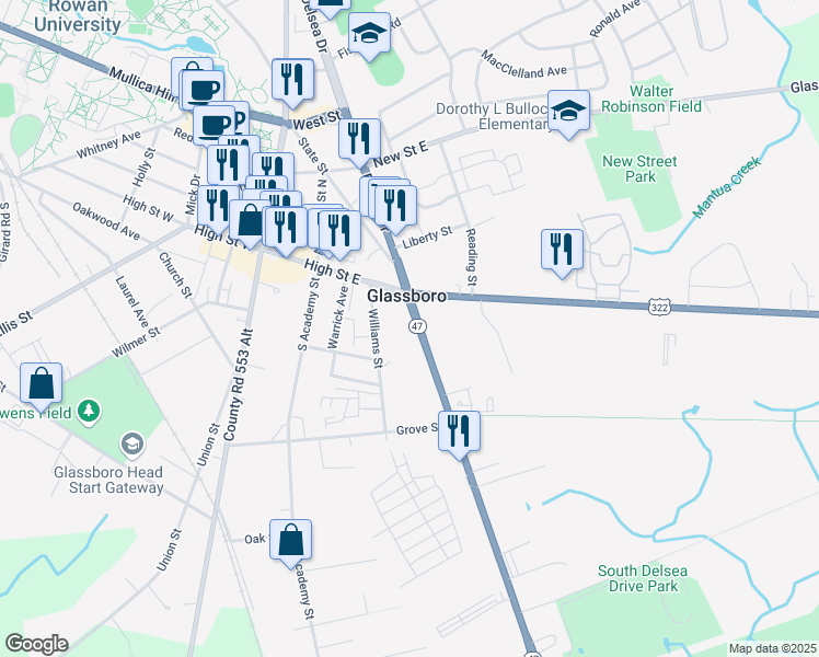 map of restaurants, bars, coffee shops, grocery stores, and more near 11 Delsea Drive in Clayton