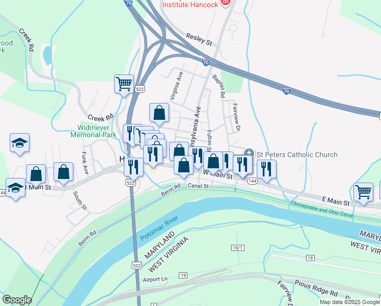 map of restaurants, bars, coffee shops, grocery stores, and more near 116 West High Street in Hancock