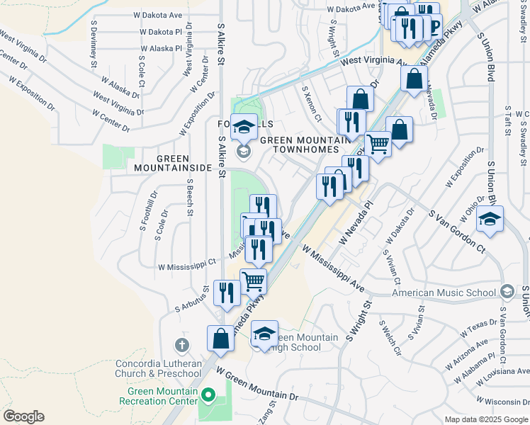map of restaurants, bars, coffee shops, grocery stores, and more near 13055 West Mississippi Court in Lakewood