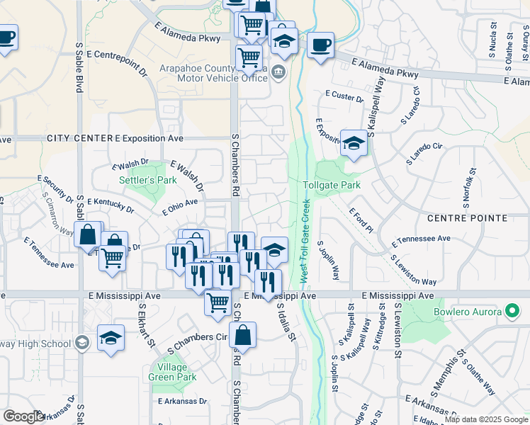 map of restaurants, bars, coffee shops, grocery stores, and more near 932 South Helena Way in Aurora