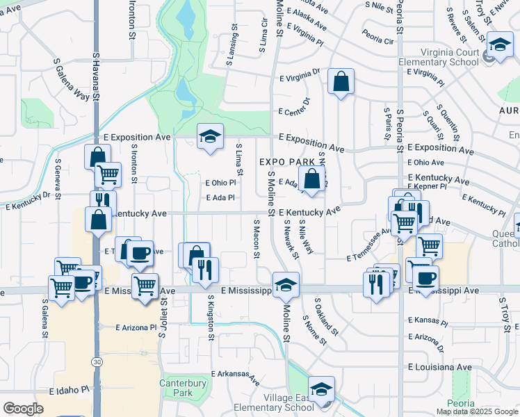 map of restaurants, bars, coffee shops, grocery stores, and more near 11433 East Kentucky Avenue in Aurora