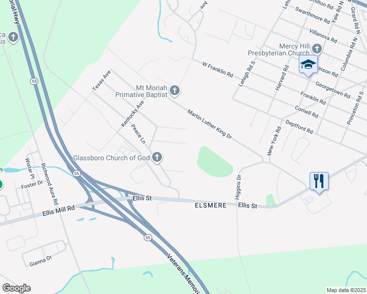 map of restaurants, bars, coffee shops, grocery stores, and more near 100 Victory Drive in Glassboro