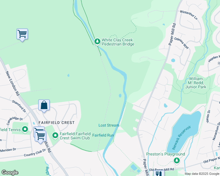 map of restaurants, bars, coffee shops, grocery stores, and more near Creek Road in Newark