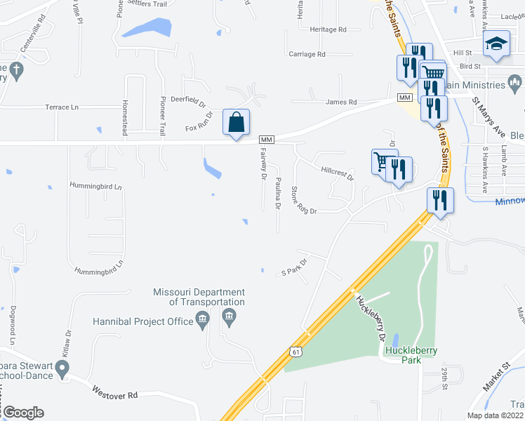 map of restaurants, bars, coffee shops, grocery stores, and more near 34 Fairway Drive in Hannibal
