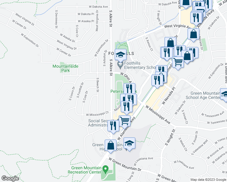 map of restaurants, bars, coffee shops, grocery stores, and more near 898 South Alkire Street in Lakewood