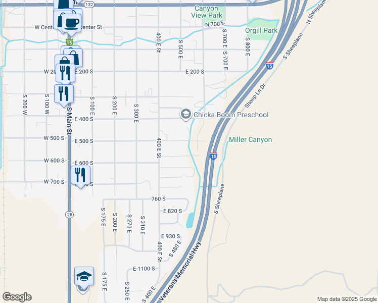 map of restaurants, bars, coffee shops, grocery stores, and more near 549 East 570 South in Nephi