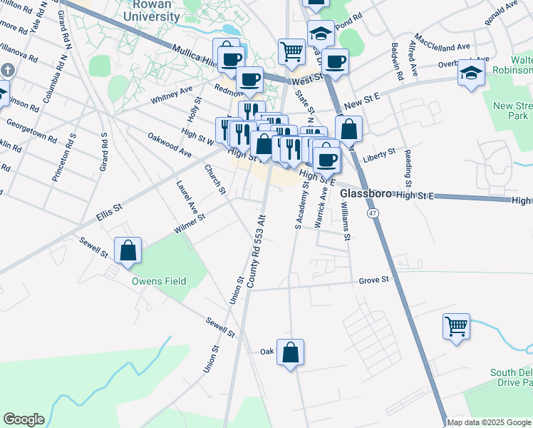 map of restaurants, bars, coffee shops, grocery stores, and more near 110 South Main Street in Glassboro