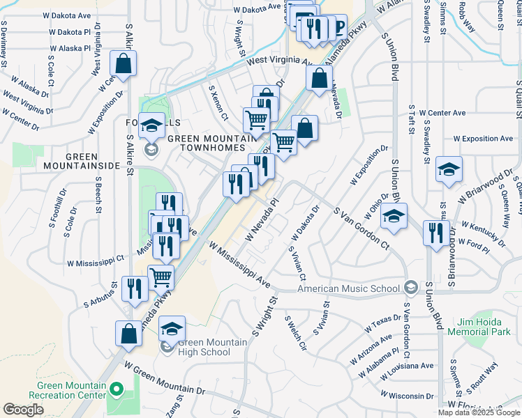 map of restaurants, bars, coffee shops, grocery stores, and more near 12818 West Alameda Parkway in Lakewood