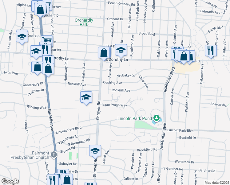 map of restaurants, bars, coffee shops, grocery stores, and more near 620 Rockhill Avenue in Dayton