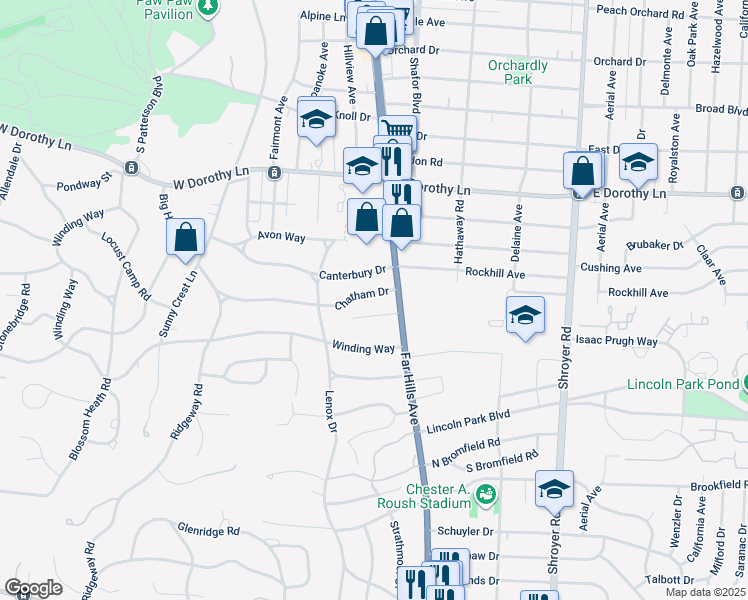map of restaurants, bars, coffee shops, grocery stores, and more near 148 Chatham Drive in Dayton