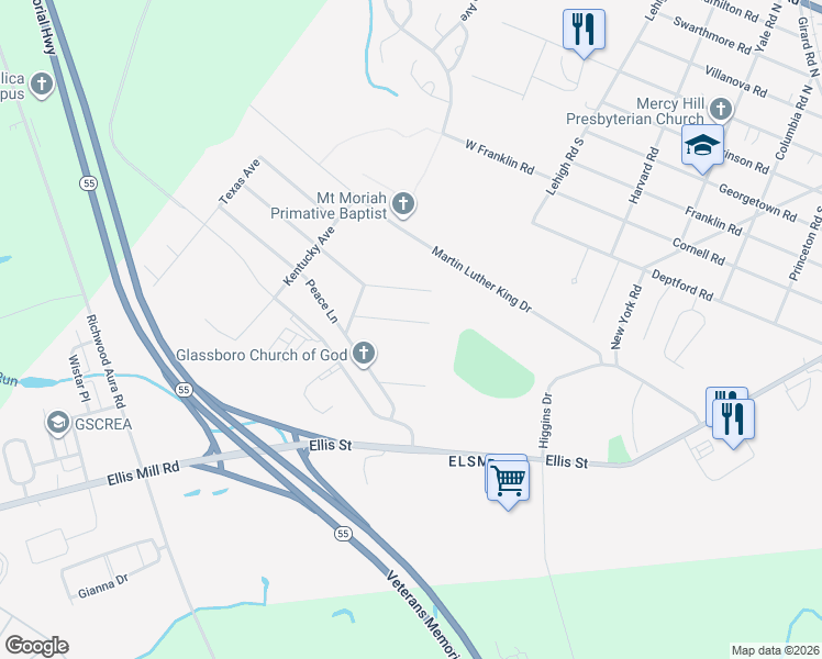 map of restaurants, bars, coffee shops, grocery stores, and more near 100 Victory Drive in Glassboro