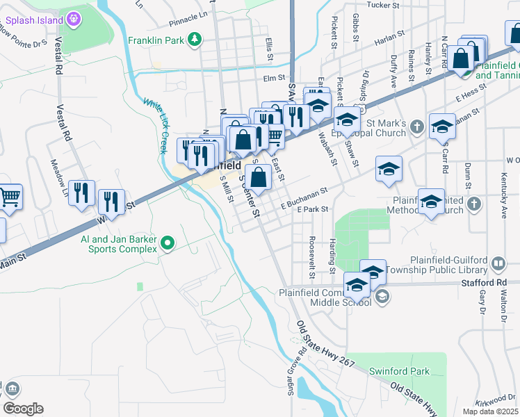 map of restaurants, bars, coffee shops, grocery stores, and more near 319 South Center Street in Plainfield
