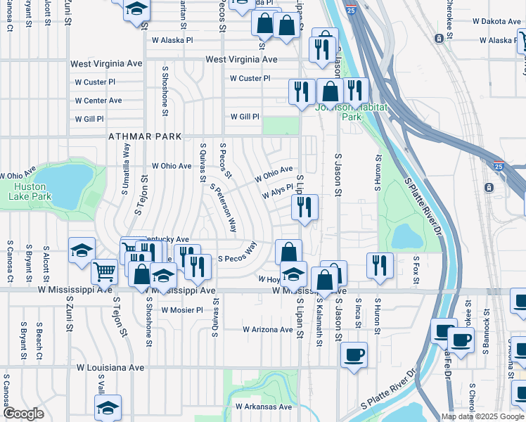map of restaurants, bars, coffee shops, grocery stores, and more near 860 South Pecos Street in Denver