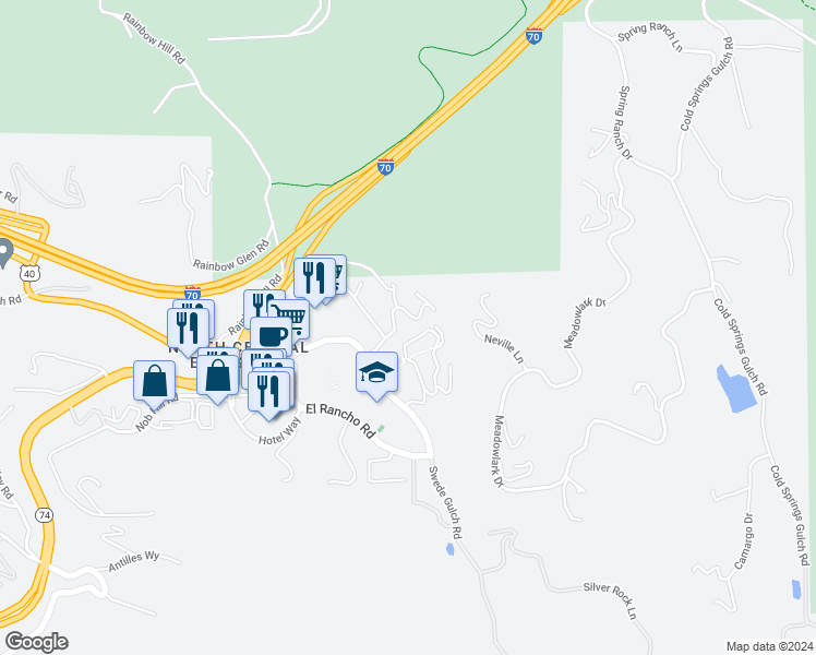 map of restaurants, bars, coffee shops, grocery stores, and more near 28424 Tepees Way in Evergreen