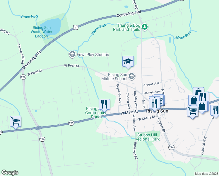 map of restaurants, bars, coffee shops, grocery stores, and more near 124 Reynolds Avenue in Rising Sun