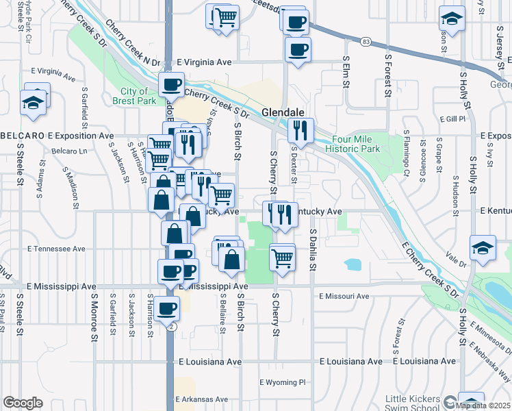 map of restaurants, bars, coffee shops, grocery stores, and more near 4505 East Kentucky Circle in Denver