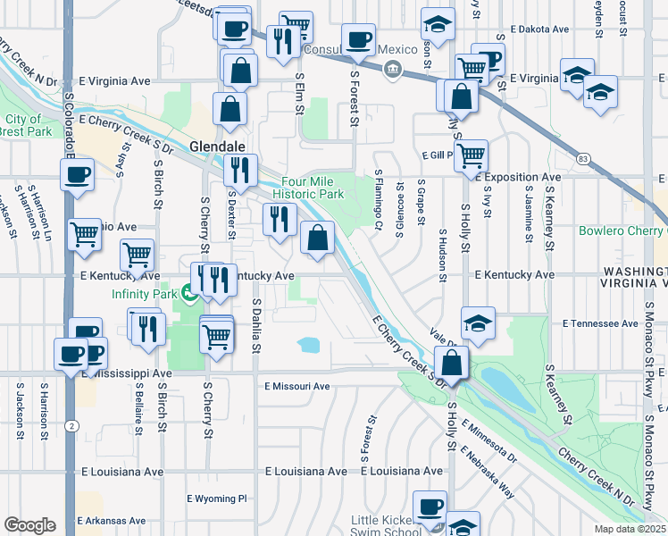 map of restaurants, bars, coffee shops, grocery stores, and more near 5055 East Kentucky Avenue in Denver