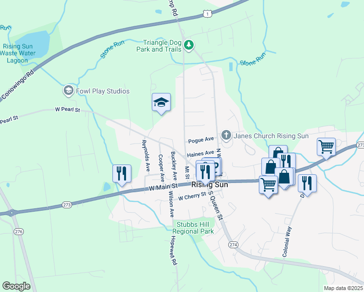 map of restaurants, bars, coffee shops, grocery stores, and more near 106 Mount Street in Rising Sun