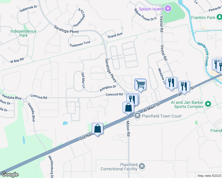 map of restaurants, bars, coffee shops, grocery stores, and more near 5781 Paddock Drive in Plainfield