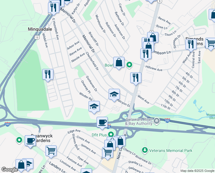 map of restaurants, bars, coffee shops, grocery stores, and more near 28 Chesterfield Drive in New Castle