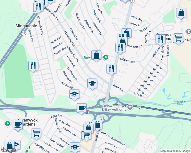 map of restaurants, bars, coffee shops, grocery stores, and more near 18 Memorial Drive in New Castle