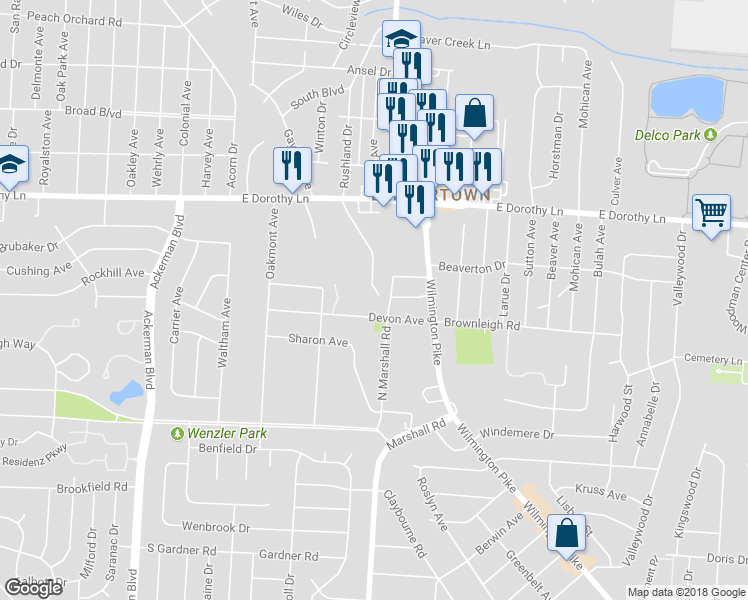 map of restaurants, bars, coffee shops, grocery stores, and more near 3125 Rushland Drive in Kettering