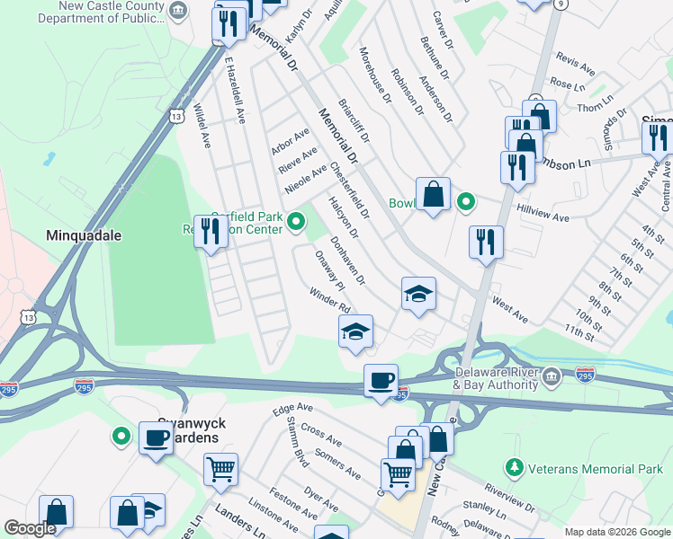 map of restaurants, bars, coffee shops, grocery stores, and more near 25 Onaway Place in New Castle