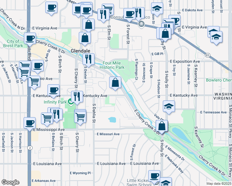 map of restaurants, bars, coffee shops, grocery stores, and more near 5055 East Kentucky Avenue in Denver