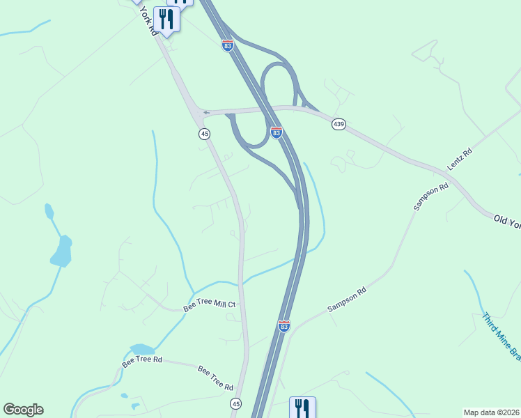 map of restaurants, bars, coffee shops, grocery stores, and more near 21019 York Road in Parkton