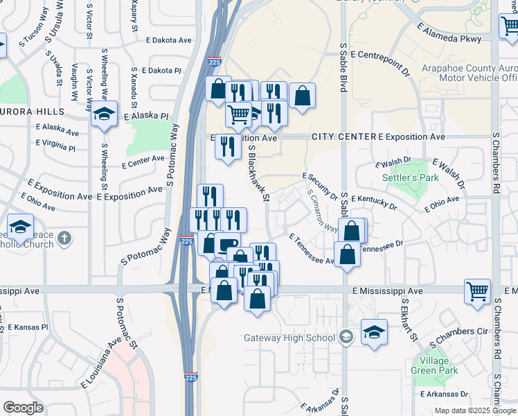 map of restaurants, bars, coffee shops, grocery stores, and more near in Aurora