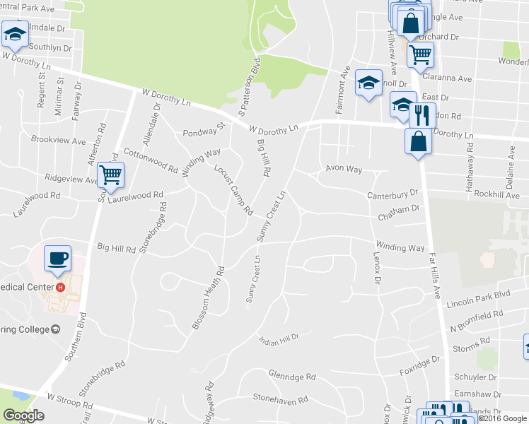 map of restaurants, bars, coffee shops, grocery stores, and more near 3189 Sunny Crest Lane in Kettering
