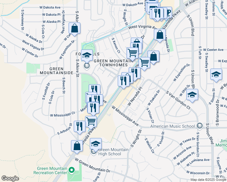 map of restaurants, bars, coffee shops, grocery stores, and more near 12795 West Alameda Parkway in Lakewood