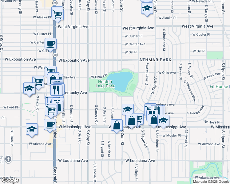 map of restaurants, bars, coffee shops, grocery stores, and more near 2303 West Kentucky Avenue in Denver