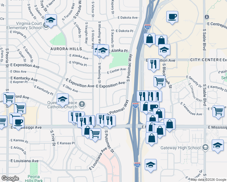 map of restaurants, bars, coffee shops, grocery stores, and more near 13635 East Kentucky Place in Aurora
