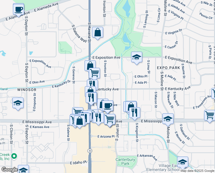 map of restaurants, bars, coffee shops, grocery stores, and more near 10727 East Kentucky Avenue in Aurora