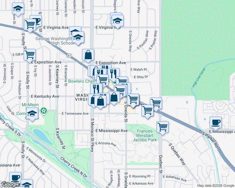 map of restaurants, bars, coffee shops, grocery stores, and more near 888 South Niagara Street in Denver