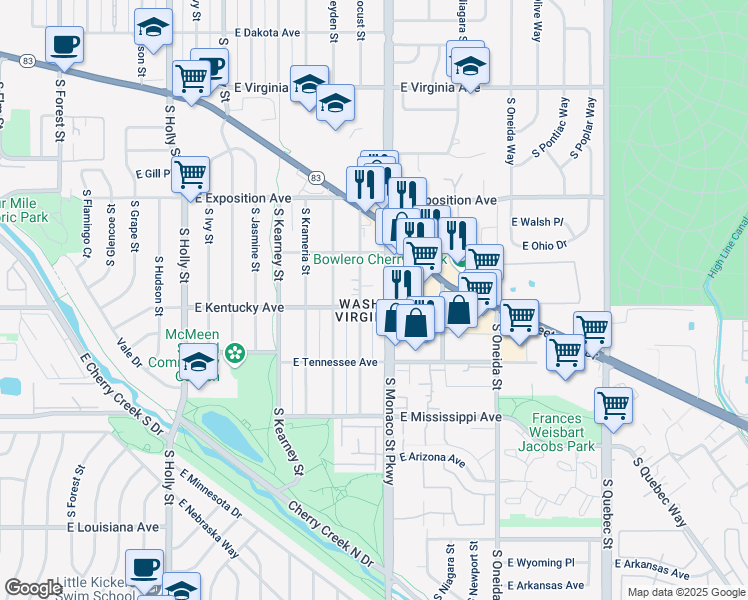 map of restaurants, bars, coffee shops, grocery stores, and more near 910 South Monaco Parkway in Denver