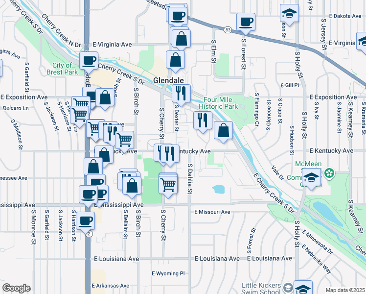 map of restaurants, bars, coffee shops, grocery stores, and more near in Denver