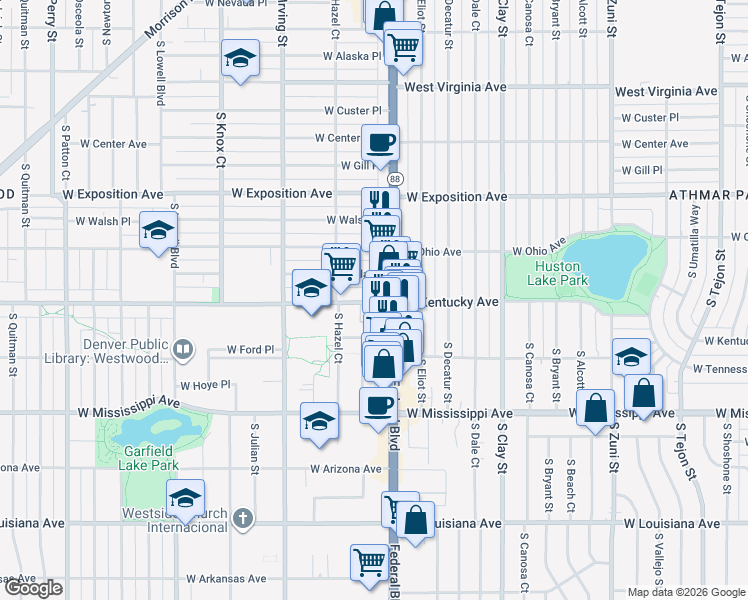 map of restaurants, bars, coffee shops, grocery stores, and more near 916 South Federal Boulevard in Denver