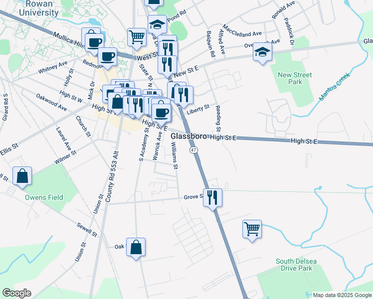map of restaurants, bars, coffee shops, grocery stores, and more near 11 Delsea Drive in Clayton