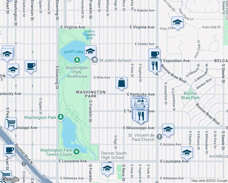 map of restaurants, bars, coffee shops, grocery stores, and more near 885 South High Street in Denver