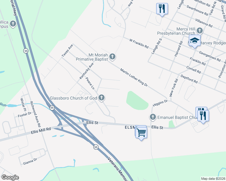 map of restaurants, bars, coffee shops, grocery stores, and more near 100 Victory Drive in Glassboro