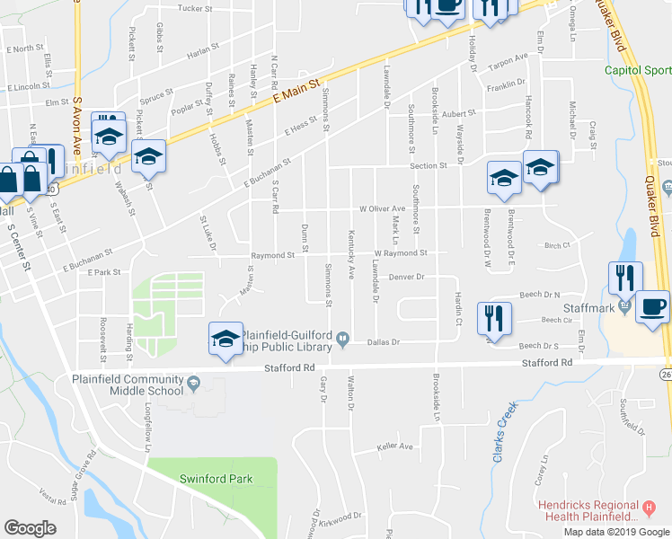 map of restaurants, bars, coffee shops, grocery stores, and more near 615 Simmons Street in Plainfield
