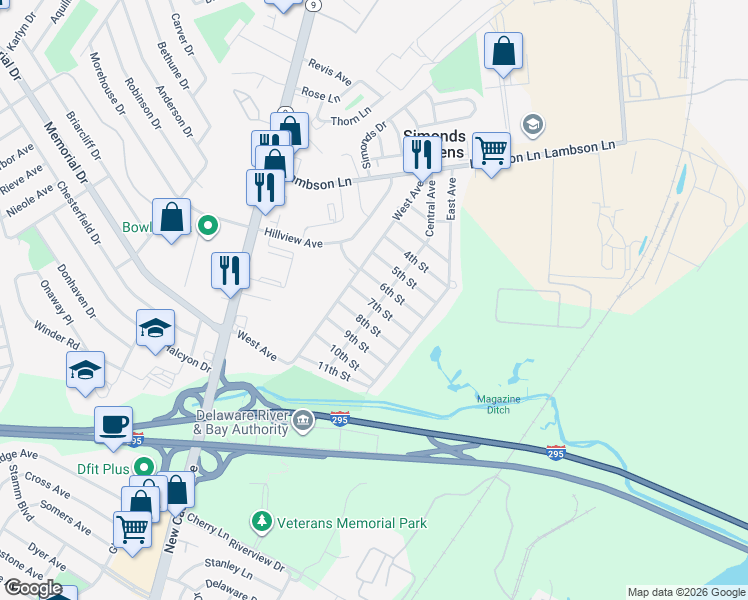 map of restaurants, bars, coffee shops, grocery stores, and more near 607 Central Ave in New Castle
